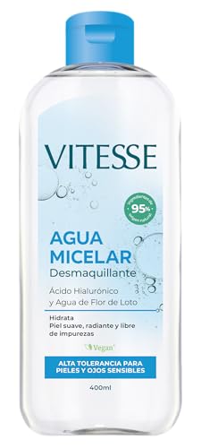 Vitesse, Agua Micelar Desmaquillante con Ácido Hialurónico y Agua de Flor de Loto, Limpia y Desmaquilla sin Enjuagar, Hidrata y Suaviza, Para Pieles Sensibles y Todo Tipo de Piel, Vegan, 400 ml