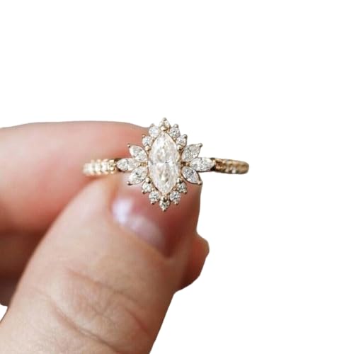 2 Ct Marquise Cut Diamond Nature Inspire Floral Solitaire Vintage Style Engagement Rings For Women 14K Gold Plated 925 Sterling Silver Handmade Delicate Wedding Ring Gift For Her
