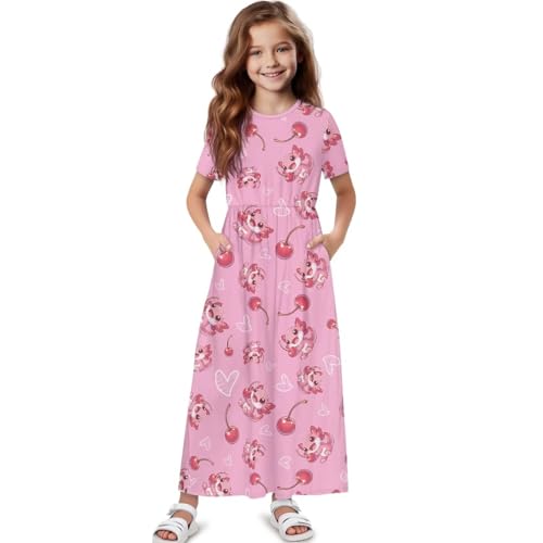 Girl's Short Sleeve Dress Loose Casual Long Maxi Dresses with Pockets Cewneck Pleated Waist A-Line Dress for 5-14Y