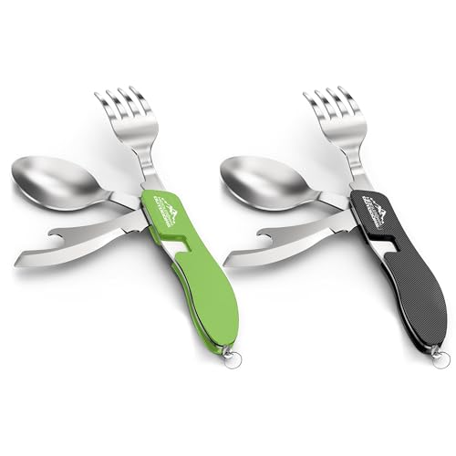 2Pcs Camping Flatware Foldable Utensils Detachable Portable and Versatile Stainless Steel Knife Fork Spoon and Bottle Opener Compact Outdoors Cutlery Pocket Knife Style - 2-pk (Black & Green)