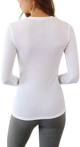 Pure Look Women's Long Sleeve Waffle Knit Stretch Cotton Thermal Underwear Shirt, Large, Crew Neck White - 2