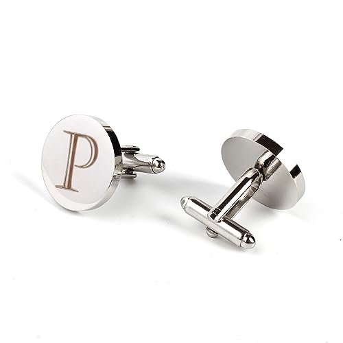 Image of Mens Initial Silver Cufflinks A-Z Alphabet Letter Steel Cuff Links with Engraved Walnut Wood Box Groom Groomsman Wedding Set