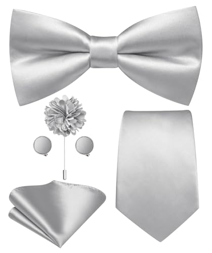 Image of Hi-Tie 5Pcs Mens Solid Color Silk Tie Satin Pretied Bowtie Lapel Pin for Men Handkerchief Cufflink Wedding Gift Box