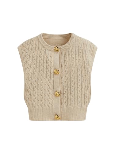 CIDER Sleeveless Knit Cardigan Sweater Women Crew Neck Casual Rose Button Cable Knit Vest