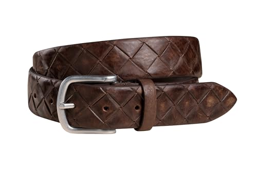 FENIX Gürtel Herren, verstellbarer Ledergürtel Siena Hazelnut Cognac Größe 95 cm, Vintage-Silberschließe, 35 mm breit, Gürtel aus Vollrindleder mit Flecht-Prägung