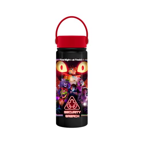 Silver Buffalo Five Nights at Freddys Stainless Steel Water Bottle with Swivel Handle Featuring Gregory Vanny Glamrock Freddy Glamrock Chica Montgomery Gator and Roxanne Wolf 20 Ounces