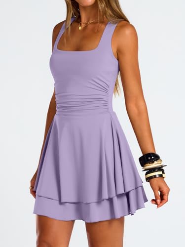 Image of Trendy Queen Women's Square Neck Summer Party Flowy Ruffle Hem Ruched Waist Mini Dress