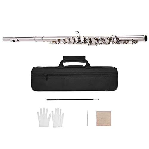 Imeish Closed Hole C Flute,C Key Flute, Nickel Plated 16 Holes C Key Cupronickel Woodwind Instrument With Cleaning Cloth Stick Gloves #TOP6