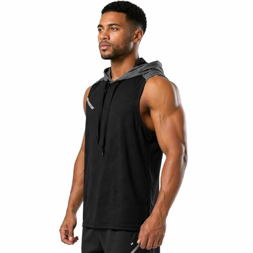 Image of Mens Sleeveless Workout Hoodie Shirts Cut Off Hooded Athletic Gym Tank Tops for Men T55N