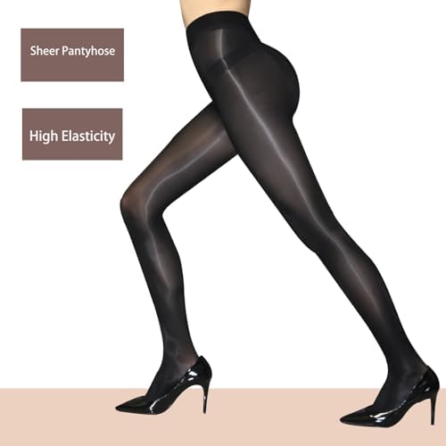 HTRUIYATY Women's Oily Shiny Tights Gloss Pantyhose 8D Invisible Zipper Sheer Tights High Waist Pantyhose 2 Pairs