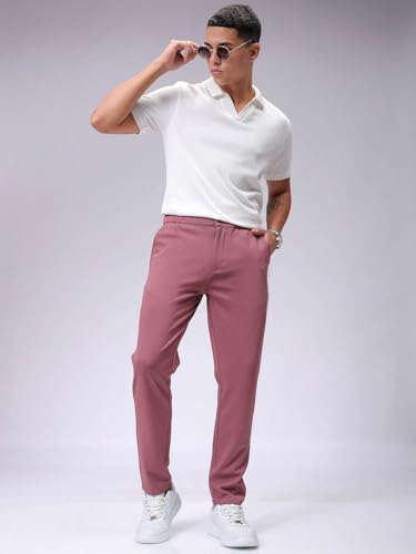 Image of The Indian Garage Co Men Slim Fit Solid Mid-Rise Stretchable Knitted Jogger Trousers