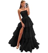 Glitter Tulle Tiered Prom Dresses for Teens 2024 Strapless Ball Gowns with Slit Ruffle A-Line For...