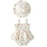 Mubineo Baby Girl Clothes Summer Dress Cotton Linen Romper Sleeveless Smocked Rompers Sun Dress Hat Skirt Boho Outfits (Cream White, 3-6 Months)