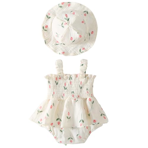 Mubineo Baby Girl Clothes Summer Dress Cotton Linen Romper Sleeveless Smocked Rompers Sun Dress Hat Skirt Boho Outfits (Cream White, 6-9 Months)