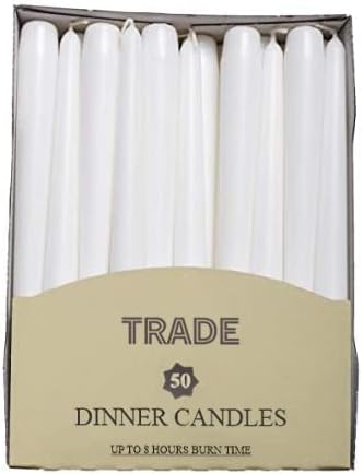 Trade Tapered Dinner Candles- 50 Unscented Tapered Candles -Dripless Long Candles with Long Lasting Burn Time- (White)
