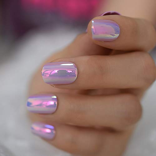 Fantasy Nails Series Pink Purle Short Chrome Holographic Press On Nails Square Natural Shape Charming Manicure Tips 24 #TOP6