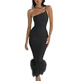 Elegante Vestido de un Hombro con Plumas para Mujer, Vestido Largo sin Mangas de Verano, Negro, L