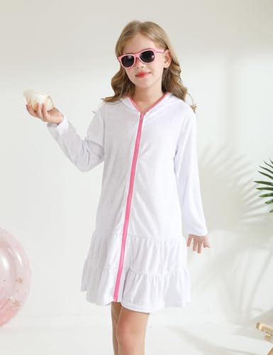 Image of Girls Swim Cover Up Kids Long Sleeve Swimsuit Coverup Terry Beach Pool Clothes with Sunglasses