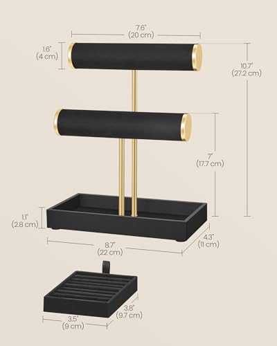 Image of SONGMICS Bracelet Holder Stand, Jewelry Display Stand, Jewelry Organizer, with 2 Tiers and Velvet Tray, Removable Ring Holder, Ink Black and Pale Gold UJJS039B101