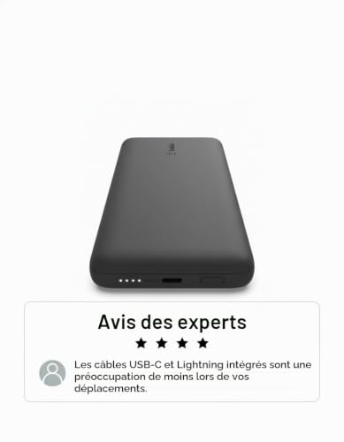 Belkin Batterie externe BOOSTCHARGE Plus 10K (10,000 mAh avec câbles Lightning et USB-C MFI intégrés, port de recharge USB-C, noir)