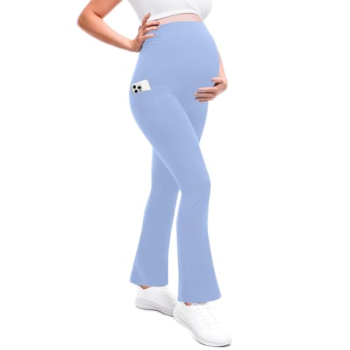 Leafigure Maternity Flare Leggings with Pockets Over The Belly Yoga Pants for Workout Soft Pregnancy Activewear Light Blue M