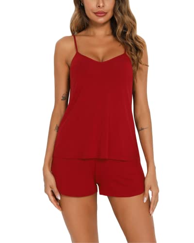 Maria Eugenia Sexy Pajama Set For Women Rayon Sleepwear Lingerie Cute 2 Piece Sleeveless Pj Set With Shorts Burgundy #TOP28