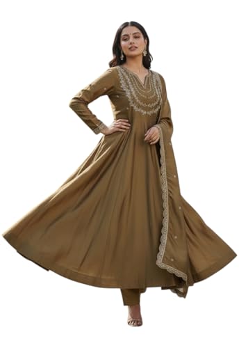 Robe ethnique pleine longue dorée style Kurta Anarkali pour femme