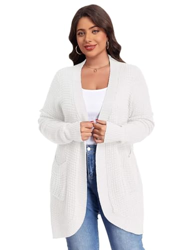 Image of LARACE Long Cardigans for Women Plus Size Tops Open Front Sweaters with Pockets Waffle Ribbed Sleeve Loose Fall Outwear