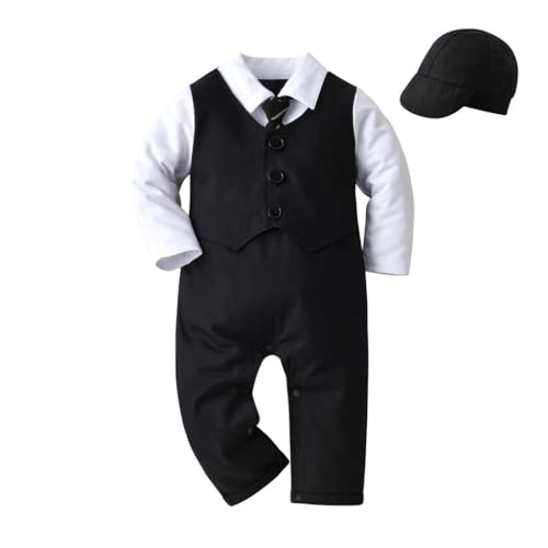 Lito Angels Smoking Strampler Bodys Einteiler Gentleman Hochzeit Anzug mit Hut für Baby Jungen Größe 6-12 Monate 74 80, Schwarz (Tag-Nummer 80)