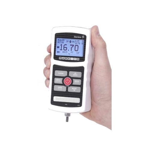 Mark-10 M5-200 Advanced Force Gauge held in a hand, displaying a digital reading.