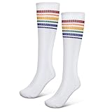 Yolev Kniestrümpfe Sport Socken Damen Retro Streifen Strümpfe Weiße Baumwolle Fußballsocken Hohe Socken Unisex Zylindersocken Passend für Laufen Fußball Cheerleading Sport