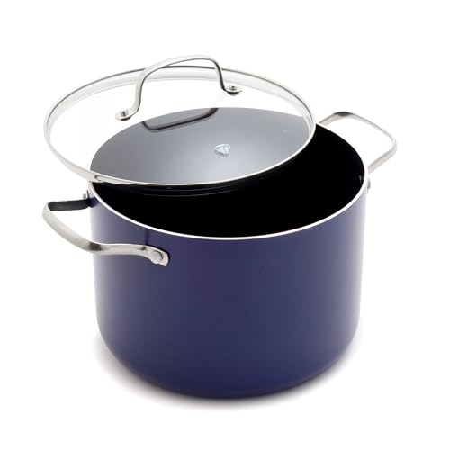 Blue Diamond 8QT Nonstick Stockpot with Glass Lid, PFAS-Free Ceramic, Multipurpose Cooking, Sauces & Soups, Pasta, Boiling & Canning Pot, Dishwasher & Oven Safe, Stainless Steel Handles, Navy by Blue Diamond - Used condition - US$43.03
