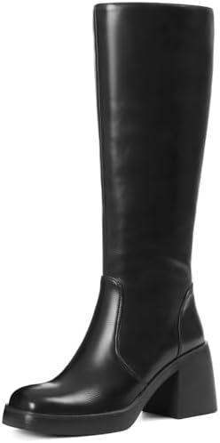 Women Knee High Boots Faux Leather Platform Chunky Square Toe Heeled Side Zipper Fall Wide Calf Long Tall Boots for Women