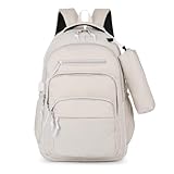 Mochila Escolar para Menino e Feminina com Estojo de Grande Capacidade, Ideal como Mochila para Viagem, Faculdade, Notebooks e Netbooks, Nylon Impermeável(Bege)