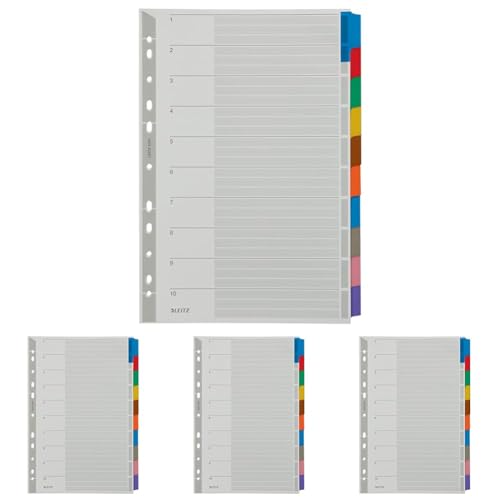 Leitz Ordner Register Blanko, 1-10, Karton, für A4, mit Deckblatt, 10 Trennblätterm, verstärktem Lochrand und bunten Taben, 43210000 (Packung mit 4)