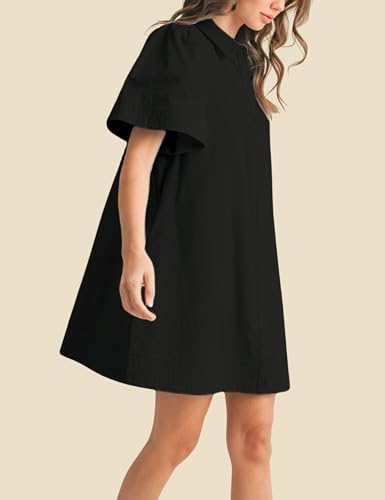 Image of Womens Short Sleeve Button Down Mini Shirt Dress Lapel Collar Short Dresses with Pocket