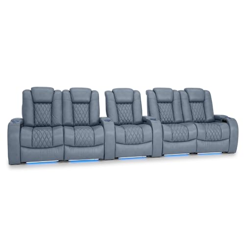 Image of Seatcraft Diamante Smokey Blue Italian Leather Home Theater Seating, Zero Gravity Power Recliner, Gaming and Home Office Chair, Powered Headrest Furniture for Cinema Room, Row of 5 Dual Loveseats