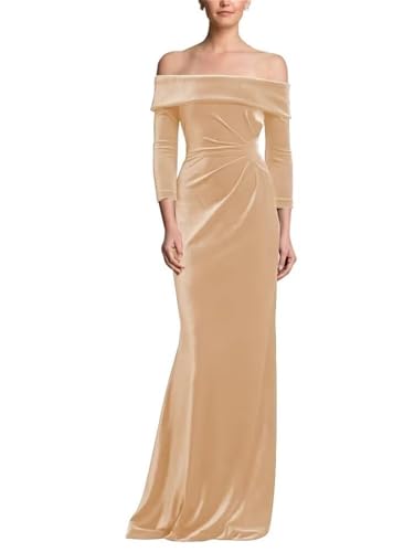 Off Shoulder Prom Dresses for Women Velvet Long Sleeve Ruched Evening Gown Bodycon Bridesmaid Dress for Wedding
