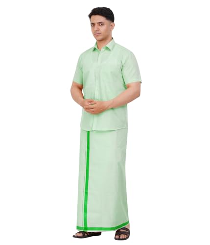 Image of Men's Traditional Indian Shirt and Dhoti Set, Half Sleeves Tissue Silk Cotton Shirt With Dhoti 2 metres for men