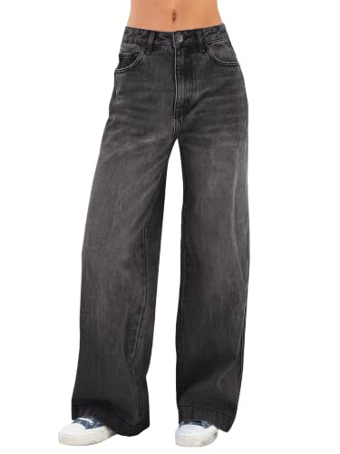 EMMIOL Women's 2026 Wide Leg Jeans Distress High Waist Stretchy Denim Pants Clothing Trousers(Black,L)