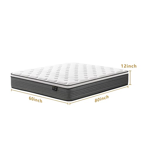 Queen Mattress, 12 Inch Queen Size Mattresses, 12 Inch Hybrid Pocketed Coil Mattress in a Box with Gel Memory Foam, Medium Firm
