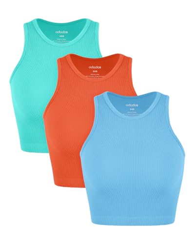 Image of ODODOS 3-Pack Seamless Crop Tank for Women Ribbed Soft High Neck Cropped Tops