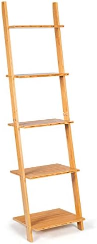 CASART 5 Tiers Ladder Rack, Wall Display Shelf Stand, Home Office Storage Shelving Unit Flower Plants Organiser Stand for Living Room Kitchen Bathroom (35 x 43 x 165cm, Natural)