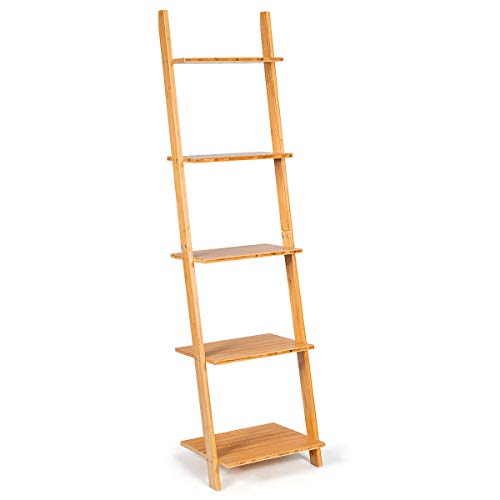 Tangkula Bamboo 5-Tier Ladder Shelf Bookshelf, Wall-Leaning Bookshelf, Plant Flower Stand, Storage Display Shelves for Living Room Bathroom Office, Multifunctional Ladder Bookcase (Natural)