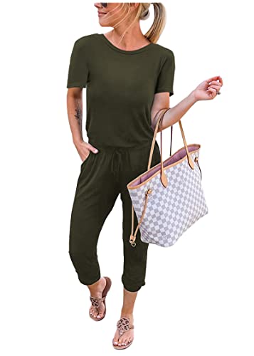 Kirundo 2023 Women's Casual Summer Jumpsuits Short Sleeve Crewneck Drawstring Elastic Waist Jumpsuit Romper With Pockets(Army Green, Medium) #TOP5