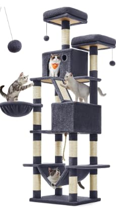 Image of Feandrea Cat Tree, 81.1-Inch Large Cat Tower, Multi-Level Plush Condo with 13 Scratching Posts, 2 Perches, 2 Caves, Basket, Hammock, Pompoms, Smoky Gray UPCT190G01