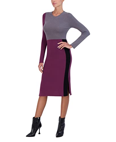 Bcbgmaxazria Women's Colorblock Midi Dress Long Sleeve Bodycon Mock Neck, Wine, Medium #TOP2