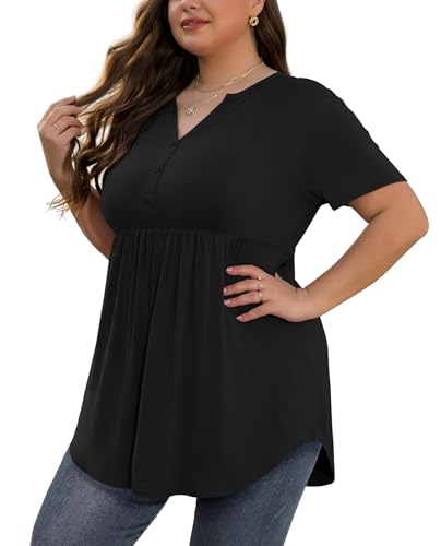 SHIJIALI Women's Plus Size Henley Shirts Casual Short Sleeve V