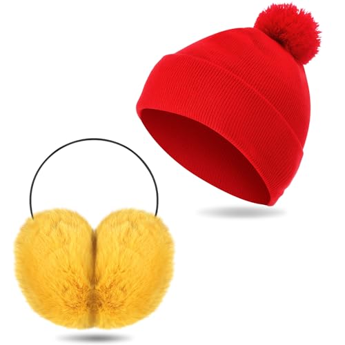 Toulite 2 Pcs Christmas Adult Knit Beanie Unisex Ear Muffs Set Winter Red Warm Snug Knit Hat Yellow Ear Warmers Cute Faux Fur Ear Covers Headband for Men Women Cosplay Parties Outdoor Gifts