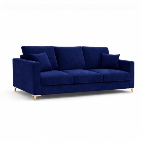 Image of Hayes Rich Velvet Suede 3 Seater + 2 Seater Sofa Set with Ottoman | Golden Aesthetic Legs | 6 Person Seating Capacity | Spacious Soft Touch Comfort | Modern Living Room Sofa (Dark Blue)